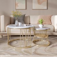 JOOKGBD-Couchtisch Rund 2er Set 70cm,Beistelltisch mit Metallbeinen,Marmoriert Couchtisch, Sofa Tisch,Beistelltisch mit Metallrahmen,Moderne Kaffeetische Satztische für Wohnzimmer Schlafzimmer,Golden