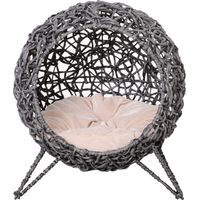 Pawhut – Maisonnette pour chat en résine tressée – Niche ronde Ø 38 cm – Coussin amovible en coton – Charge max. 10 Kg – Design original gris