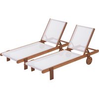 Habitat Et Jardin – Lot de 2 bains de soleil en bois de shorea – Dossier inclinable 4 positions – Dimensions L 193,5 x P 71 x H 80 cm – Coloris marron clair et écru