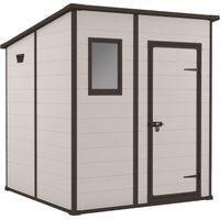 Manor Pent 6x6 - Caseta de jardín 183,50x200x185 cm 1 puerta para almacenamiento de herramientas acabado efecto madera rayada en resina beige