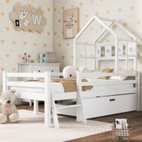 Hausbett 90×200 cm, Einzelbett mit Leiter, 1 Schublade und Rausfallschutz, ohne Matratze, aus Massivholz, Weiß