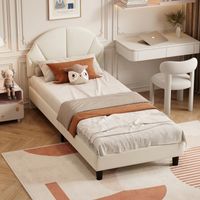 Lit enfant 90x190 cm en velours beige – Tête de lit réglable en hauteur – Lit rembourré – Sans matelas