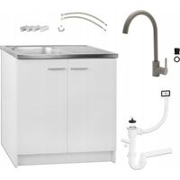 Weißer Küchenschrank – 80 x 50 cm – Edelstahlspüle – Hohe Armatur – Siphon
