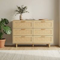 Commode 6 tiroirs style naturel, large meuble de rangement 115cm, façade effet rotin tressé, bois massif, buffet scandinave pour chambre, Naturel