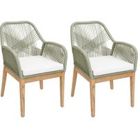 Set de 2 chaises de jardin HHG-678b, fauteuil Outdoor, résistant aux intempéries corde tressée bois acacia, vert coussin crème