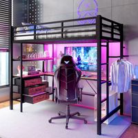 Lit mezzanine enfant 90x200 cm avec LED,bureau,prise électrique + port USB,3 tiroirs,étagères,lit superposé,cadre de lit mezzanine 1 place,Noir