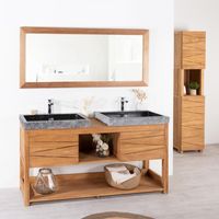 Wanda Collection – Meuble double vasque en teck massif 160cm – 2 vasques en marbre noir – Rangement avec portes obliques – Vide sanitaire intégré
