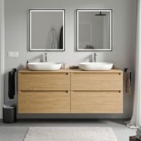 BERNSTEIN - Mobile lavabo sospeso MDF rovere miele, Piano lavabo rovere miele, cassetti girevoli - 160x46x62cm - VIREO Rovere Miele Oro, Rovere miele oro