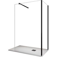 Pared de ducha angular walk-in de 200 cm de altura, vidrio transparente de 8 mm, marco negro con accesorios - 90X110 reversible