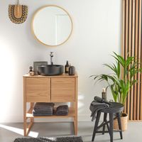 Mob-In – Meuble sous vasque 70cm – Vasque noire ronde en céramique – Miroir mural 80cm – 2 portes et étagère ouverte en chêne