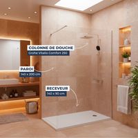 Dusch-Komplettset – Walk-In Duschwand 140x200 Chrom + Grohe Vitalio 2 Strahlarten + Gussmarmor-Duschwanne Weiß 140x90