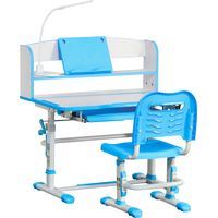 Ensemble bureau et chaise pour enfants de 6 à 12 ans, réglable en hauteur, bureau scolaire avec plateau inclinable à 45°, lampe, tiroir, étagère, pot à crayons et pupitre de lecture, en acier et MDF,