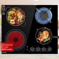 Klarstein – Plaque de cuisson gaz et vitrocéramique 4 feux – Puissance 6,4 kW – 2 brûleurs en fonte – Surface vitrocéramique facile à entretenir