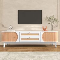 TV Lowboard 170 cm Holz, Fernsehtisch mit 2 Schiebetüren und 2 Rattan Schubladen, Rustikales TV Möbel Natur Weiß