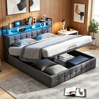 JOOKGBD-Lit Coffre 160x200 cm avec LED et Port USB,Lit Double Rembourré 160x200 cm avec Sommier et Rangement et Tête de lit,lit adolescent,pour Adulte Adolescent,Lein,Gris