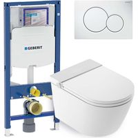 Mizubath - Set WC giapponese sosp. Rada bianco - Risciacquo ad acqua - Asciugatura ad aria - Modulo Geberit Duofix 12cm - Placca comando doppio bianca