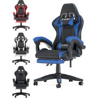 Bigzzia – Fauteuil gamer ergonomique avec appui-tête et support lombaire – Repose-pieds escamotable – Cuir PU et mousse mémoire – Noir et bleu