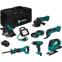 Vonroc – Pack d'outils électroportatifs 20V – 6 machines avec 2 batteries 4.0Ah et chargeur – Perceuse, scie sauteuse, meuleuse, scie circulaire