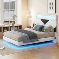 Cama doble 160 x 200 cm, Estructura de metal, Cabecero ajustable, con luz LED y puerto de carga, Cama tapizada para adulto adolescente, Patas de cama ocultas, Terciopelo, Beige