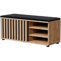 Meuble à Chaussures avec Assise Rembourrée et Lamelles Décoratives – Noir +Chêne Wotan, Banc d’Entrée Moderne 100x37x43cm