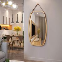 Costway – Miroir mural rectangulaire 77x44cm avec cadre en bambou – Sangle en cuir réglable – Coins arrondis – Pour salon, chambre, entrée