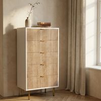 Chiffonnier blanc, chiffonnier 5 tiroirs, chiffonnier 60 cm, commode chambre, design strié bois et blanc, pieds dorést, style moderne, Chêne clair