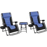 3PC Zero Gravity Chairs Sun Lounger Table Set with Cup Holder Foldable Recliner Chair, Blue