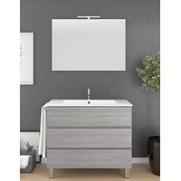Meuble de salle de bain à poser ARAE avec miroir et lavabo - 3 tiroirs avec poignée à gorge - CHÊNE SMOKY- 70CM