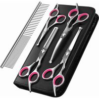 Hundepflegeschere, 5-teiliges Set mit Tierpflegewerkzeugen aus titanbeschichtetem Edelstahl, Effilierschere/gerade/gebogene Schere und Kamm, Pink..DEBUNS