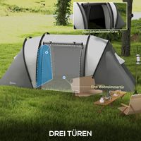 Tente de camping 4-5 personnes imperméable légère, familiale 3 pièces avec porte latérale et fenêtre grise