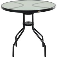 80 cm Round Garden Dining Table with Parasol Hole for 4, Outdoor Coffee Bistro End Side Table with Tempered Glass Top and Steel Frame for Patio, Porch, Black