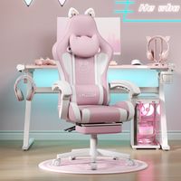 Xhomrattan Ergonomischer Gaming-Stuhl mit Katzenohren für Mädchen und Erwachsene, höhenverstellbarer Computer-Gaming-Stuhl mit Kopfstütze und Massage-Lendenwirbelstütze (Weiß und Rosa)