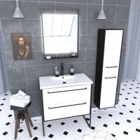 Set da bagno bianco da 80 cm + bacino di resina bianca + cassetti bianchi opachi + specchio + colonna