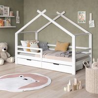 Cama en forma de casa Luni, Blanco, 200 x 90 cm Con dos cajas extraíbles, Vitalispa
