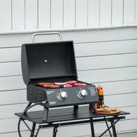 Barbecue à gaz de table à 2 brûleurs, chariot de transport, filet de cuisson, petit barbecue à gaz de table pour pique-nique, avec régulateur de pression, tuyau d'arrosage, acier inoxydable, noir, 55