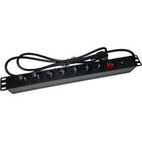 Multipresa PDU da 19 pollici per rack, 7 prese CEE 7/5, spina CEE 7/7 con interruttore e protezione.