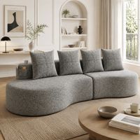 Canapé 4 places 240 x 109 x 63 cm, porte-gobelets intégrés, poches latérales, 4 coussins inclus, revêtement tissu lin, gris clair
