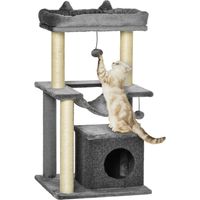 90 cm hoge krabpaal met hangmat, grot, 2 pluche ballen, sisalpalen, platforms, meerlaagse krabpaal, klimtoren, voor katten onder 4 kg, grijs