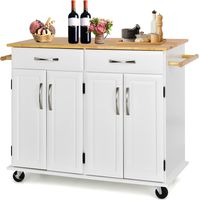 COSTWAY Carrello da Cucina con Cassetti, Isola Cucina con Piano in Legno di Gomma, con 4 Ante Ripiani Regolabili e Porta Asciugamani, per Cucina Bar Ristorante, 122x48x93 cm (Bianco)