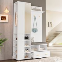 Ensemble Garderobe Murale Blanche 120×35×190 cm – Miroir + Porte-Manteaux 3 Haken + Banc Chaussures + 2 Tiroirs + Étagère Ouverte
