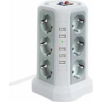 Multiprise Tour - Parafoudre 1500 J - 12 Prises CA + 5 USB - 3 Interrupteurs Indépendants - Câble 2 M - Blanc