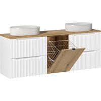 Doppelwaschtisch 160cm Wäschekorb Riva Weiß und Holz