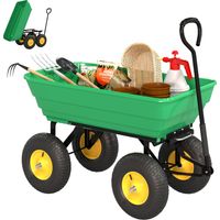 Chariot de jardin basculant, supportant jusqu'à 200 kg, avec bac en plastique de 75 litres, poignée de traction et pneus pneumatiques, vert foncé.