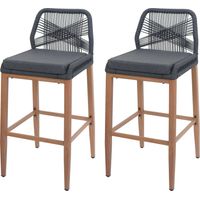 Set de 2 tabourets de bar Rope HHG-982, coussins d'assise Outdoor corde tressée métal aspect bois, anthracite, coussin gris foncé