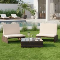 Set di mobili da giardino versatile Melko - lettino da giardino, panca o due sedie con schienale, con tavolo e piano in vetro di sicurezza, in polyrattan, robusto e resistente alle intemperie, marrone