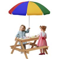 AIYAPLAY Wooden Kids Picnic Table, Sand and Water Table w/ Benches, Parasol