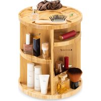 Organisateur maquillage rotatif en bambou, séparateurs réglables, pour salle de bain, skincare et produits beauté.