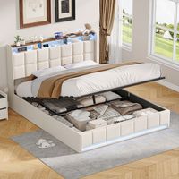 FOERPL-Letto baule 160 x 200 cm con LED e porta USB/Type-C, letto matrimoniale imbottito 160 x 200 con contenitore idraulico e rete, testiera imbottita con ripiani aperti letto per adulti