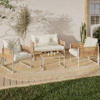 Conjunto de muebles de jardín RIO de 4 plazas con estructura de metal blanco, cuerdas de ratán claro y cojines beige