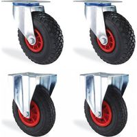 Lot de 4 roulettes pivotantes et fixes gonflables 200mm – Charge 300kg – Pour chantiers humides et terrains accidentés – HTR